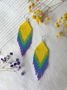 Yellow bead earrings Dangle Fringe earrings Ombre earrings | Etsy Yellow Beaded Earrings, Navy Blue Earrings, Blue Beaded Earrings, Ombre Earrings, Peach Earrings, Gold Bead Earrings, Handmade Earrings Beaded, Turquoise And Purple, Purple Earrings