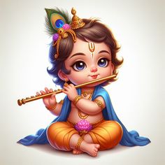 a baby sitting on the ground playing a flute