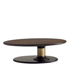 an oval wooden table with two metal legs and a black plate on the top, against a white background