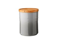 a grey container with a wooden lid on a white background