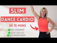 a woman standing in front of a white wall with the words slim dance cardio