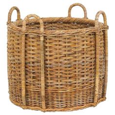 a round wicker basket with handles on the inside and outside, set against a white background