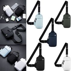 four different styles of shoulder bags with straps on each side and one has a cell phone in it