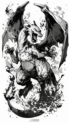 a black and white drawing of a demon