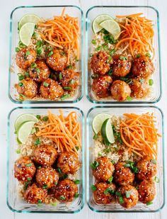 four glass containers filled with meatballs and carrots