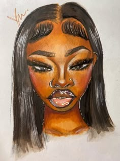 a drawing of a woman's face with long black hair and orange eyeshadow