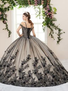 Floral Cold Shoulder Quinceanera Dress by House of Wu 26961 Quinceanera Collection, Tulle Dress Long, Full Tulle Skirt, Black Princess, Quinceanera Dress, Ball Gown Skirt, Tulle Ball Gown, Sweet 16 Dresses, Quince Dresses