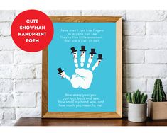 a blue poster with an image of a handprint poem on it and a potted cactus next to it