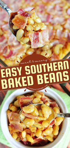 a bowl filled with baked beans and bacon next to the words easy southern baked beans