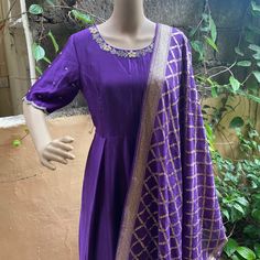 Pure chanderi Hand embroidered Anarkali with pure chanderi dupatta / purple blue anarkali suit set / anarkali dupatta USA / chanderi golden dupatta / Indian dresses/ voggish / party dress Looking for a perfect indian dress/anarkali/suit sets that are trendy, unique and easy to carry !! yess, You are at the right place. we carry such versatile pieces of anarkalis and suit sets that really let you stand out in any occassion !! featuring this beautiful pure chanderi dress in purple color with hand Purple Raw Silk Salwar Kameez For Festivals, Festival Purple Raw Silk Salwar Kameez, Designer Raw Silk Purple Salwar Kameez, Designer Purple Raw Silk Salwar Kameez, Designer Wear Purple Raw Silk Salwar Kameez, Semi-stitched Chanderi Anarkali Set With Zari Work, Semi-stitched Dola Silk Anarkali Set With Dori Work, Cotton Silk Churidar With Gota Work, Floor-length Chanderi Salwar Kameez With Dabka Work