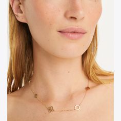 Delicate geometry. Graphic cutouts reinterpret the classic good luck charm on our Kira Clover Necklace. Wear it solo or mixed with other chains and pendants. Tory Burch Kira, Luck Charm, Clover Necklace, Luck Charms, Designer Jewelry, Necklace Designs, Spring Rings, Embossed Leather, Good Luck