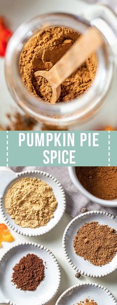 pumpkin pie spice in small white bowls with wooden spoons next to it on a table