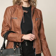 Lock And Love Women's Removable Hooded Faux Leather Jacket Moto Biker Coat Size Xxl. 21.5” Pit To Pit Casual Hooded Outerwear For Motorcycling, Brown Hooded Biker Jacket With Zipper Closure, Hooded Biker Jacket For Fall Events, Winter Hooded Outerwear For Motorcycling, Casual Hooded Biker Jacket For Biker Events, Hooded Biker Jacket With Zipper Closure, Brown Biker Jacket With Zipper For Cold Weather, Moto Style Hooded Outerwear For Motorcycling, Biker Outerwear With Zipper Closure And Hood