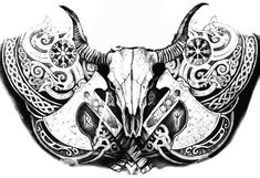 an artistic drawing of a bull's skull with intricate designs on its face and horns