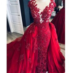 Gowns Modest, Luulla Dresses, Train Vintage, Red Formal Dresses, Red Lace Prom Dress, Modest Formal Dresses, Sweep Train Prom Dress, Red Prom Dresses, Beaded Mermaid