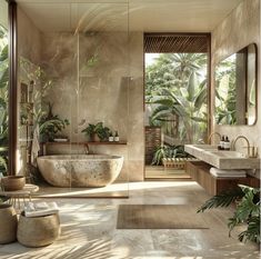 a bathroom with a tub, sink and large mirror in it's center area