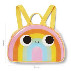 Details Our signature rainbow PVC backpack brings smiles wherever he travels! With adjustable straps to ensure a comfy fit, this bright, fun and practical rainbow bag is the most magical place to keep all those odd bits and pieces. Just write your name in the label inside, add your things and zip him up ready to go! Dimensions size: 304 x 200mm Rainbow Backpack, School Supply Store, Kawaii Faces, Write Your Name, Rainbow Bag, Bits And Pieces, Everyday Activities, Rainbow Print, Pastel Rainbow