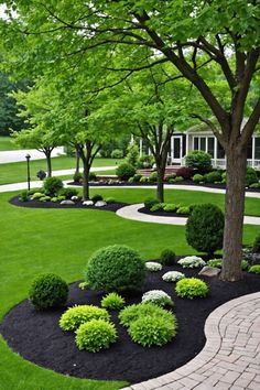 a large yard with lots of green grass and trees