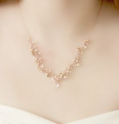 This delicate necklace is made with rose gold wire, freshwater pearls, crystals and is finished with 14k gold chain. It is shown in rose gold but I can also make it in silver or yellow gold. I made this necklace to compliment the earrings that are shown in the last listing picture. This would be unique and beautiful jewelry set for a bride! Please note the earrings can be ordered separately here. https://www.etsy.com/listing/475211601/freshwater-pearl-stud-earrings-with-hand They are not include Crystal Wedding Necklace, Gold Wedding Jewelry, Perfect Palette, A Necklace, Crystal Wedding, Crystal Necklace Pendant, Girly Jewelry, Jewelry Wedding, Wedding Jewelry Sets