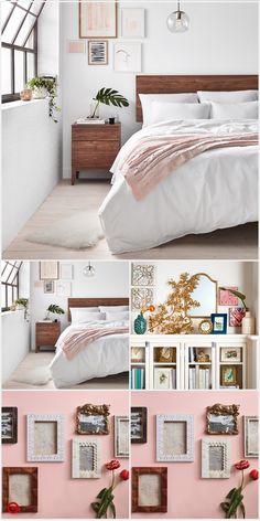 a collage of photos showing different types of bedspreads and frames on the wall