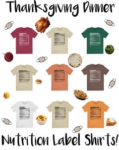 Have some fun this holiday with these Thanksgiving dinner favorites with a twist!  Perfect to represent your personal fav or get the whole family in on the fun!  These Thanksgiving Dinner Nutritional Label shirts are sure to add some extra fun to the holiday this year. This updated unisex essential fits like a well-loved favorite. Super soft cotton and excellent quality print makes one to fall in love with it over and over again. .: Retail fit .: 100% Soft cotton  .: Light fabric  .: Tear away label .: Runs true to size .: Contact our shop to have this design on a 3/4 sleeve shirt, long sleeve shirt, or sweatshirt! CUSTOM CREATIONS AVAILABLE!  Add personalization, change the font or color, add this design to another item or create your own unique design.  Send us a message and lets get sta Thanksgiving Family Tshirts, Nutritional Label, Family Thanksgiving Shirts, Dinner Favorites, Funny Thanksgiving Shirts, Thanksgiving Tee, Thanksgiving Family, Family Thanksgiving, Group Shirts