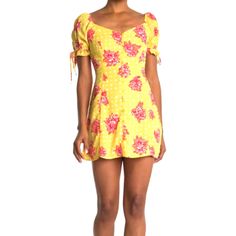 A Brand-New Vibrant Mini Dress Features Ruffled Tie Sleeves And A Button Front For Trendy Style. Size Medium. - 100% Polyester - Yellow/Floral Polka Dot Print - Short Sleeves With Ruffle Tie Cuffs - Woven Construction - Side Zipper - Mini Length - Lined - V-Neck Measurements Laying Flat: - 33.5" Length - 15.5" Waist - 18" Armpit To Armpit - 10" Sleeve Offers Welcome! Thanks For Looking! Yellow Summer Dresses With Buttons, Yellow Buttoned Summer Dresses, Yellow Mini Dress With Buttons For Spring, Yellow Buttoned Mini Dress For Spring, Yellow Spring Dress With Button Closure, Yellow Buttoned Dress For Vacation, Yellow Dress With Button Closure For Day Out, Spring Party Dresses, Tangerine Dress