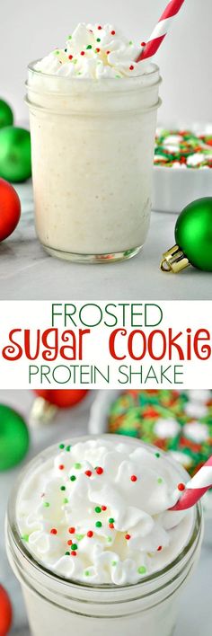 frosted sugar cookie protein shake in a mason jar