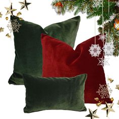 two green and red pillows with christmas decorations