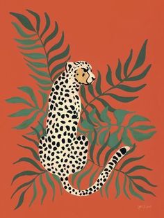 a painting of a cheetah sitting in the middle of leaves on an orange background