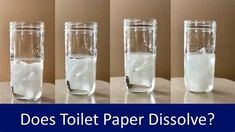 four different shots of water and ice in glass jars with the words does toilet paper dissolve?