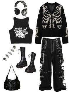 Skeleton Outfit Aesthetic, Punk Y2k Outfits, Punk Style Outfits, Write Your Name, Tomboy Style Outfits, New Rock, Punk Outfits, Mode Design