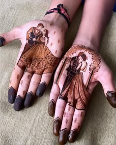 two hands with hendi designs on them, one is showing the bride and groom