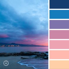 the beach is covered in blue, pink and purple hues as the sun sets