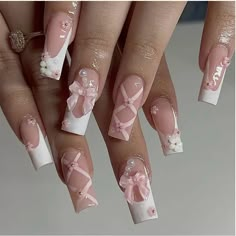 The Coquette Trend Is Blazing Through The Manicure World, With Pink Hues, Bow Accents, And 3d Elements. There Is Nothing Better Than A Feminine Nail Design That Will Elevate Your Nail Game To The Max! Ballerina Themed Press On Nails With Bows, Flower And Pearl Embelishments 24 Pcs Nails With Bows, Sweet 16 Nails, Quinceanera Nails, 3d Elements, Girly Acrylic Nails, Hello Kitty Nails