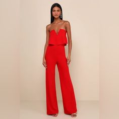 Size Small Red Strapless Jumpsuit For Parties, Chic Red Strapless Jumpsuit For Spring, Red Strapless Jumpsuits And Rompers For Party, Chic Red Strapless Jumpsuit For Evening, Elegant Red Strapless Jumpsuit For Date Night, Red Fitted Strapless Jumpsuit For Party, Chic Red Strapless Jumpsuits And Rompers, Red Strapless Jumpsuit For Spring Night Out, Red Strapless Jumpsuit For Night Out In Spring