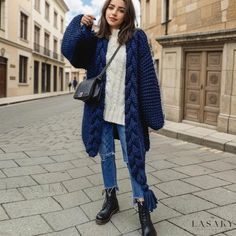 Lasaky - Royal Blue Fringed Side Slit Long Sleeve Cable Knit Cardigan - Exuding Luxury Royal Blue Cardigan Outfit, Blue Cardigan Outfit, Royal Blue Cardigan, Spring Cardigans, Cardigan Outfit, Formal Dresses With Sleeves, Easy Winter Outfit, Cardigan Outfits, Knitted Coat