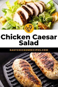 chicken caesar salad on a grill with lettuce and other vegetables in the background