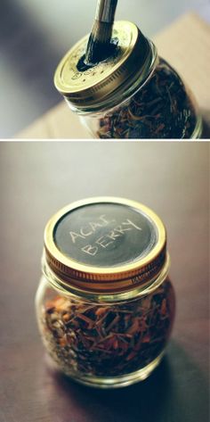 two jars filled with different types of tea