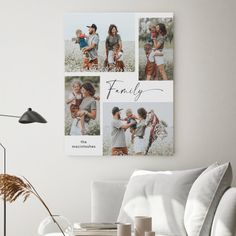 a family photo collage hanging on the wall in a living room next to a white couch