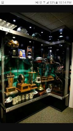 a display case filled with lots of trophies