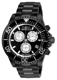 This eye-catching Invicta watch from the Pro Diver collection is powered by a Quartz movement, and a solid black case. Its face is decorated by a black, silver metal dial, and protected by a sturdy Mineral Crystal. A black stainless steel band completes this timepiece that can resist water for up to 300m.Plunge into any horizon using the steadfast guidance of the Invicta Pro Diver. Stylishly classic, internal workings are forged with variations of bold movements. Built with confident prowess, th Mens Watches Affordable, Invicta Pro Diver, Invicta Watches, Triple Black, Watch Model, Black Case, Stainless Steel Band, Black Stainless Steel, Watch Sale