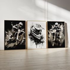 three framed pictures of motorcyclists in black and white paint splattered on the wall