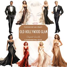 an old hollywood glam advertisement with women in evening gowns and men in tuxedos