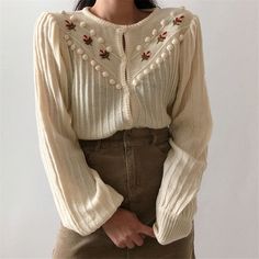 Beige Sweet Gentle Hook Floral Lantern-Sleeved Girls Knitted Korea Cut – Rarove