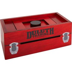 a red wooden box with the words dultth trading on it's lid