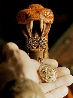 a person holding up a snake head with a chain around it's neck and a coin in the other hand