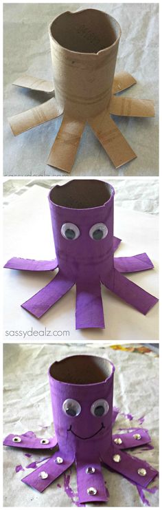 an octopus made out of toilet paper is shown in the process of making it into a cup