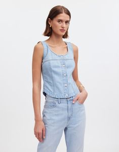 Denim Button-Front Top in Fitzgerald Wash Classic Buttoned Denim Top For Spring, Classic Spring Denim Top With Buttons, Cotton Denim Top With Button Closure, Fitted Button-up Denim Top For Everyday, Cropped Cotton Denim Top With Button Closure, Summer Tops With Square Neck And Button Closure, Summer Square Neck Top With Button Closure, Square Neck Summer Tops With Button Closure, Denim Tops With Button Closure