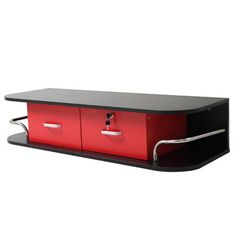 a red and black shelf with two drawers