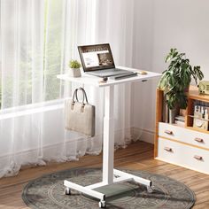 a laptop computer sitting on top of a white stand in front of a window next to a potted plant